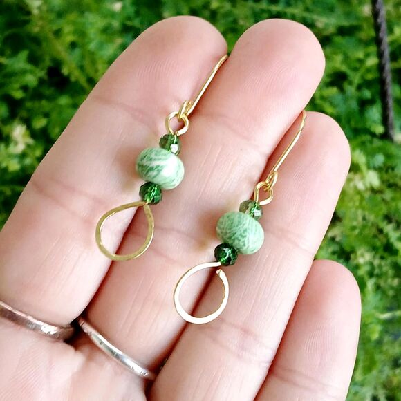 Boho Chic Green Beaded Hammered Dangle Earrings, Statement Artisan - Picture 4 of 5